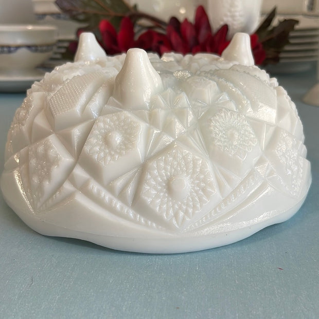 Vintage McKee Cut Milk Glass Toltec 3 footed Bowl