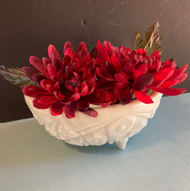 Vintage McKee Cut Milk Glass Toltec 3 footed Bowl
