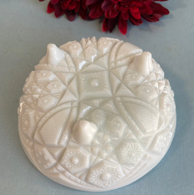 Vintage McKee Cut Milk Glass Toltec 3 footed Bowl