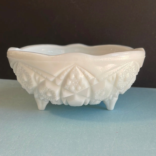 Vintage McKee Cut Milk Glass Toltec 3 footed Bowl