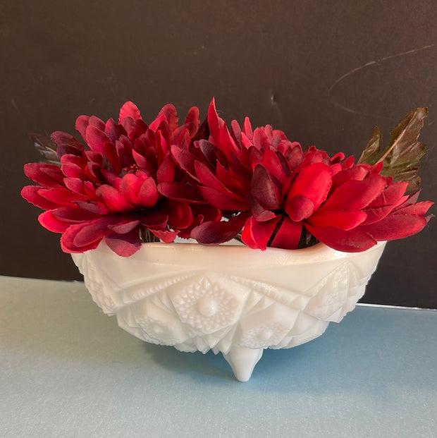 Vintage McKee Cut Milk Glass Toltec 3 footed Bowl