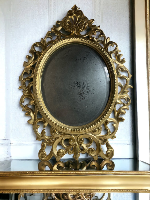 Antique Ornate Accent Mirror Heavy Metal In Gold