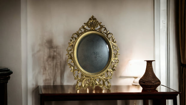 Antique Ornate Accent Mirror Heavy Metal In Gold