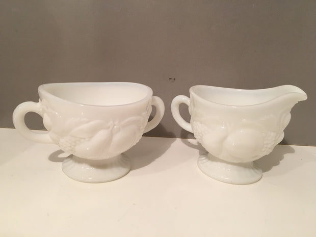 Milk Glass Sugar Creamer 1950s Set Cottage Chic Vintage