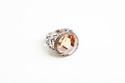 Vintage Sterling Silver Marcasite Ring w/ Large Amber Stone Heart Design