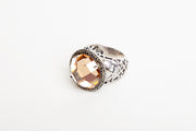 Vintage Sterling Silver Marcasite Ring w/ Large Amber Stone Heart Design