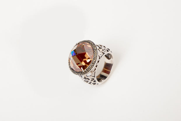 Vintage Sterling Silver Marcasite Ring w/ Large Amber Stone Heart Design