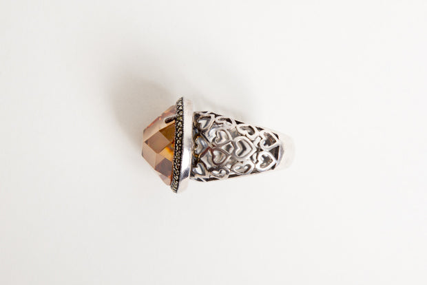 Vintage Sterling Silver Marcasite Ring w/ Large Amber Stone Heart Design