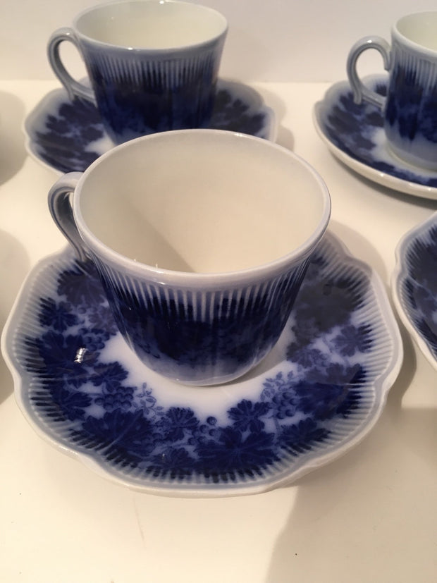 Espresso Cup & Saucer 6pc Set Flow Blue Upsala Ekeby Sweden Vinnanka Percy by Gefle 1940s Vintage