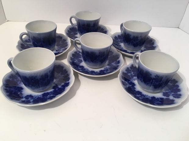 Espresso Cup & Saucer 6pc Set Flow Blue Upsala Ekeby Sweden Vinnanka Percy by Gefle 1940s Vintage