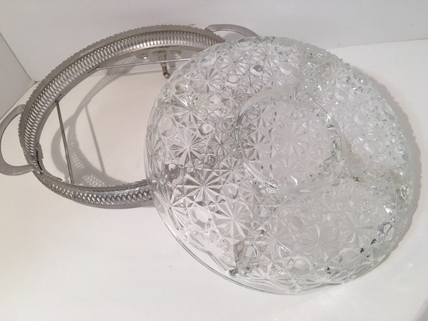 Vintage Daisy & Buttons Condiments Serving Dish with  Silver Tray 5 Sectioned Pressed Clear Glass
