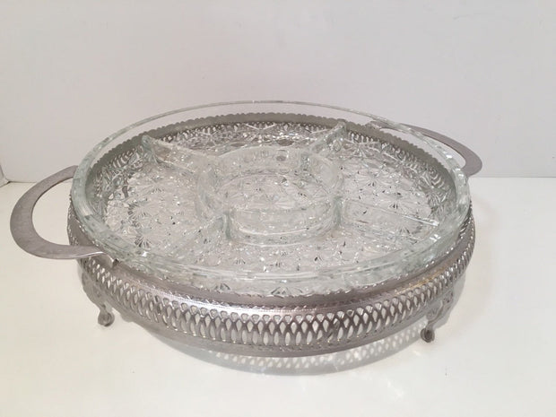 Vintage Daisy & Buttons Condiments Serving Dish with  Silver Tray 5 Sectioned Pressed Clear Glass