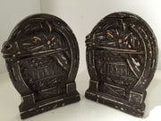 Syroco 1930s Vintage Bookends Hand painted Distressed Horse Fence Horseshoe