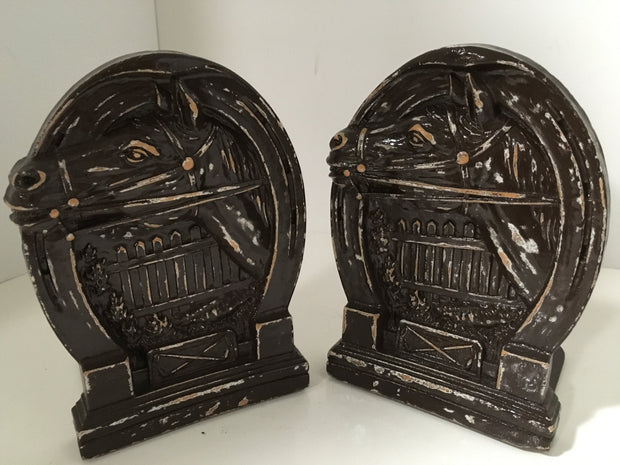 Syroco 1930s Vintage Bookends Hand painted Distressed Horse Fence Horseshoe