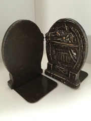 Syroco 1930s Vintage Bookends Hand painted Distressed Horse Fence Horseshoe