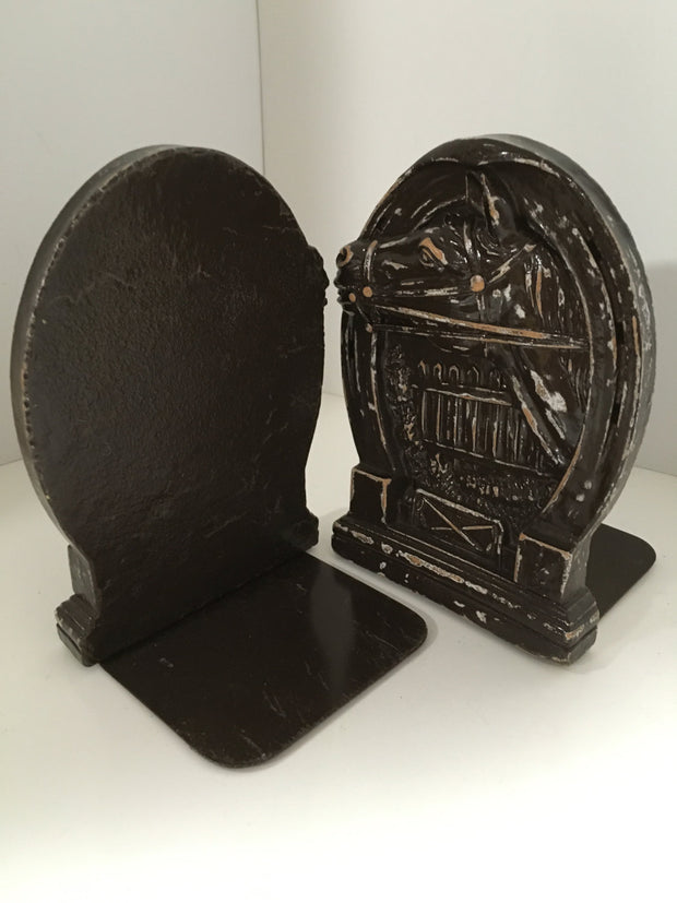 Syroco 1930s Vintage Bookends Hand painted Distressed Horse Fence Horseshoe