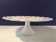 Fenton Spanish Lace  Scalloped Edge Pedestal Cake Stand/ Plate  White Milk Glass 1950s Item SPFN2611