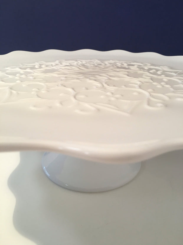 Fenton Spanish Lace  Scalloped Edge Pedestal Cake Stand/ Plate  White Milk Glass 1950s Item SPFN2611
