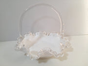 Fenton SilverCrest Ruffled Edge Milk Glass 1950s Small 8" Dia Wedding Basket Glass Bowl