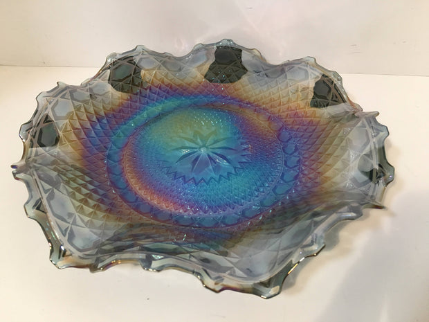 Blue Iridescent Carnival Glass Diamond Ruffled Dish/Bowl by Indiana Glass Vintage Collectable