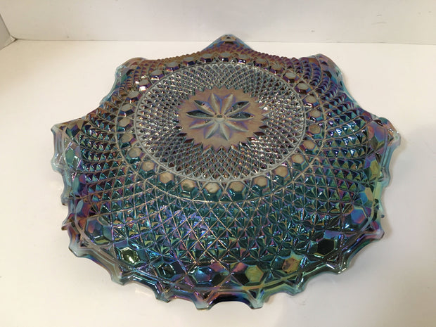 Blue Iridescent Carnival Glass Diamond Ruffled Dish/Bowl by Indiana Glass Vintage Collectable