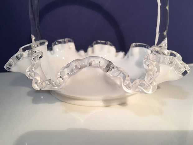 Fenton SilverCrest Ruffled Edge Milk Glass 1950s Small 8" Dia Wedding Basket Glass Bowl