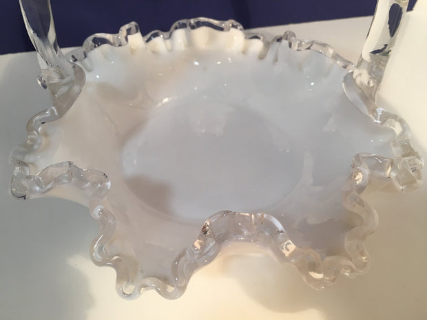 Fenton SilverCrest Ruffled Edge Milk Glass 1950s Small 8" Dia Wedding Basket Glass Bowl