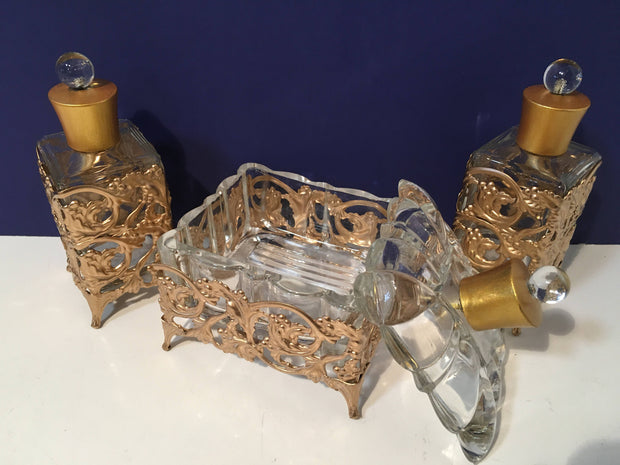 Vintage Filigree Gold Jewel Box & Perfume Bottle's 3Pc Set