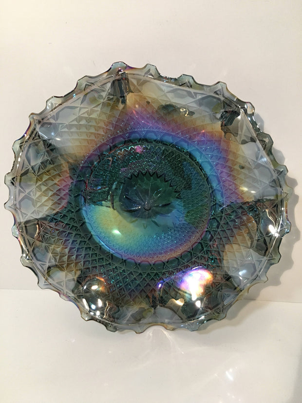 Blue Iridescent Carnival Glass Diamond Ruffled Dish/Bowl by Indiana Glass Vintage Collectable