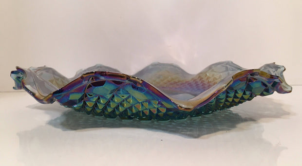 Blue Iridescent Carnival Glass Diamond Ruffled Dish/Bowl by Indiana Glass Vintage Collectable