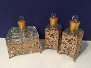 Vintage Filigree Gold Jewel Box & Perfume Bottle's 3Pc Set