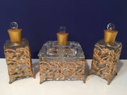 Vintage Filigree Gold Jewel Box & Perfume Bottle's 3Pc Set