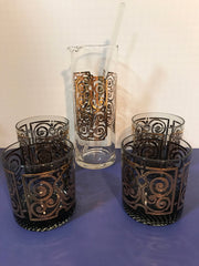 VTG Martini Pitcher with 4 Matching Glasses Gold Scrolling
