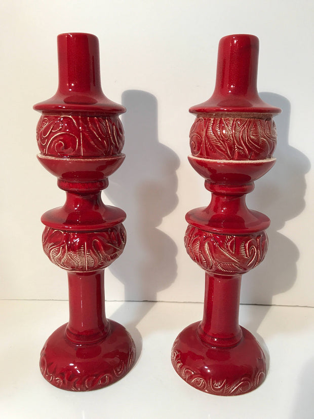 Mid century Pottery Red Table Candle Holders Set