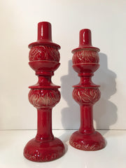 Mid century Pottery Red Table Candle Holders Set