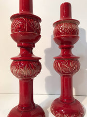 Mid century Pottery Red Table Candle Holders Set
