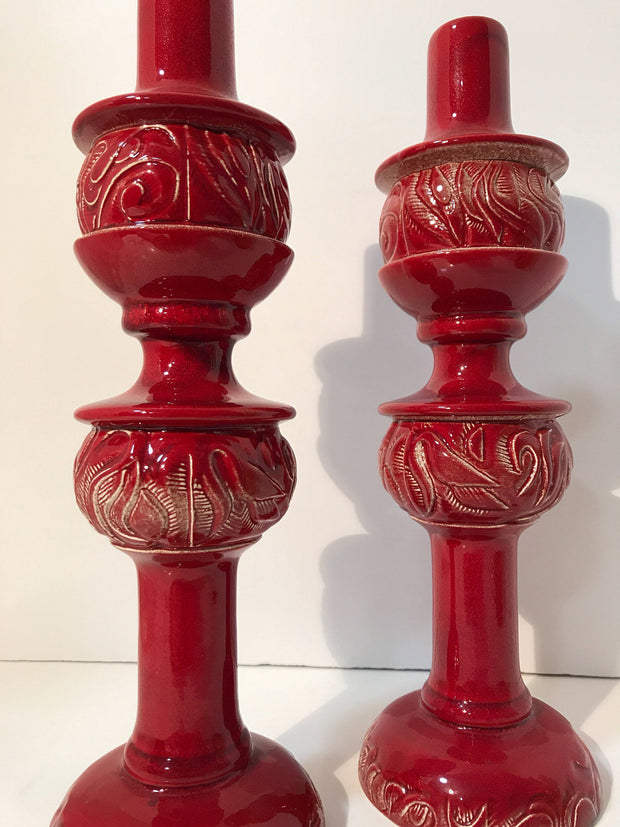 Mid century Pottery Red Table Candle Holders Set
