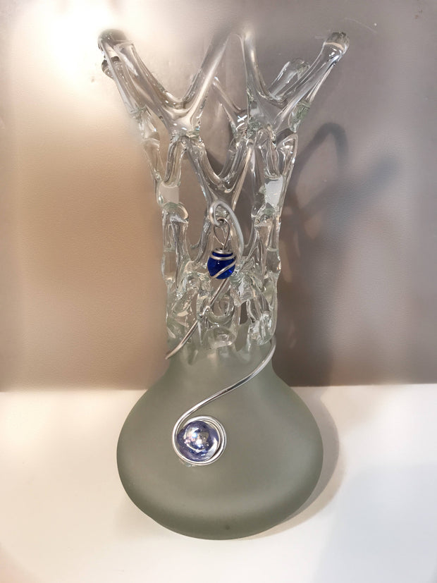 Romanian Frosted Glass Vase Sculpture Clear Ice Cut Out Embellished Metal Blue Glass Beads Sale Price