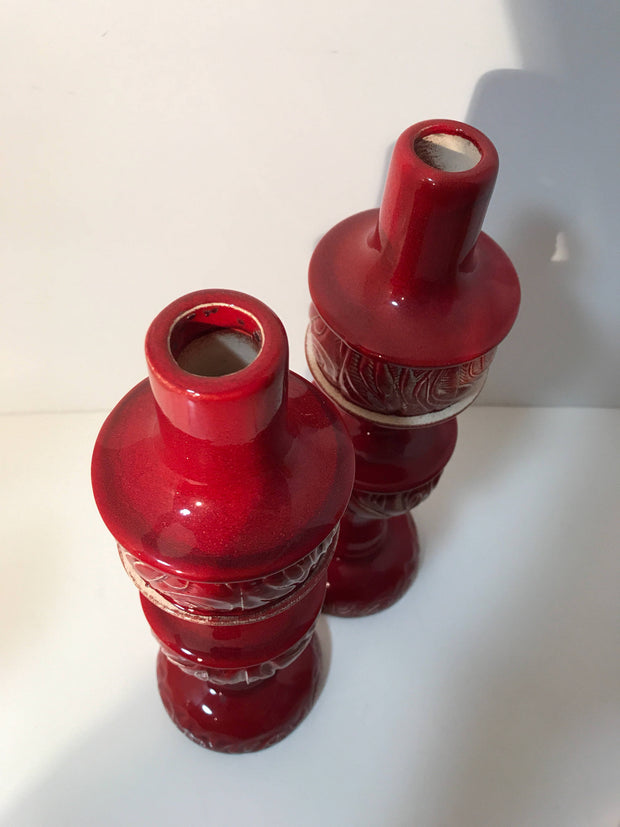 Mid century Pottery Red Table Candle Holders Set