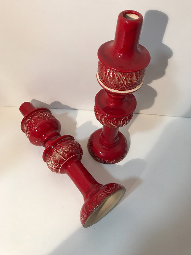 Mid century Pottery Red Table Candle Holders Set