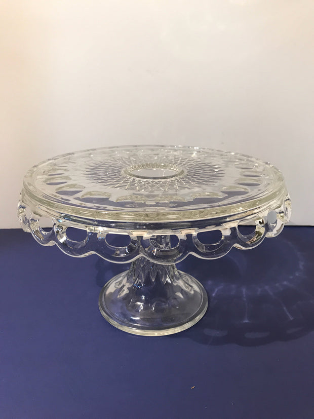 Vintage Clear Cake Stand 10” by Mckee Thumbprint has SYRUP Well in Center