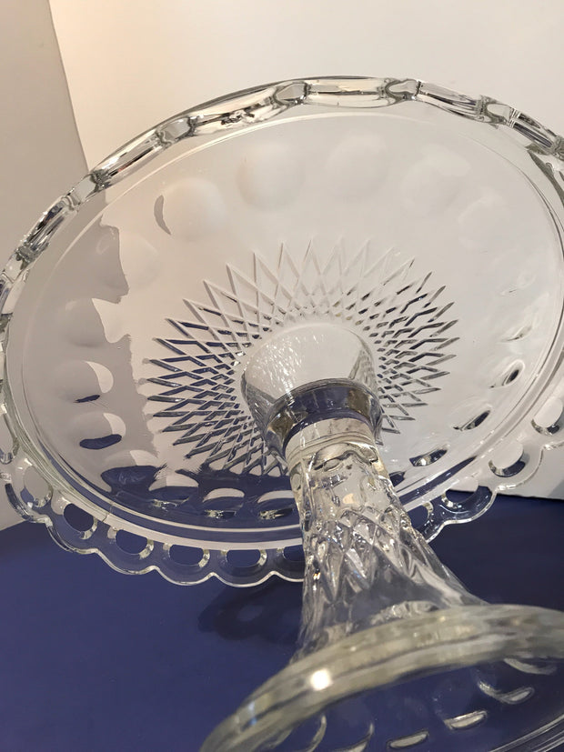 Vintage Clear Cake Stand 10” by Mckee Thumbprint has SYRUP Well in Center
