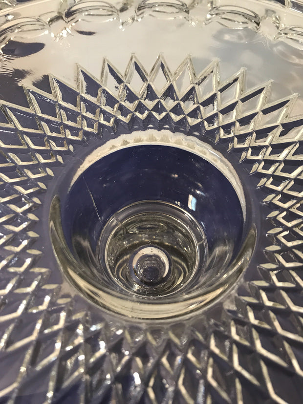 Vintage Clear Cake Stand 10” by Mckee Thumbprint has SYRUP Well in Center