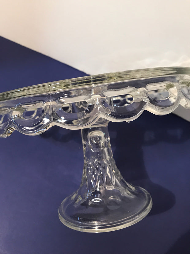 Vintage Clear Cake Stand 10” by Mckee Thumbprint has SYRUP Well in Center