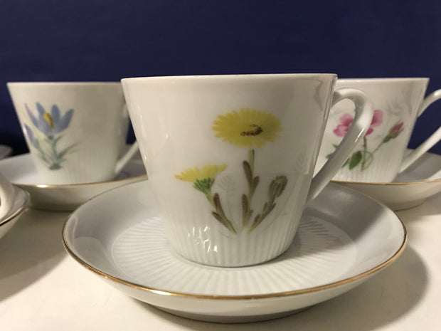 Espresso Cups & Saucers Flora by Scandinavian Vintage Hackefors 1960s 7pc Set