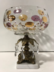 Vintage Glass Centerpiece Pedestal Bowl Large Polka Dot Thumbprint Design Italian Genuine Marble and Crystal Prisms