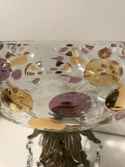 Vintage Glass Centerpiece Pedestal Bowl Large Polka Dot Thumbprint Design Italian Genuine Marble and Crystal Prisms