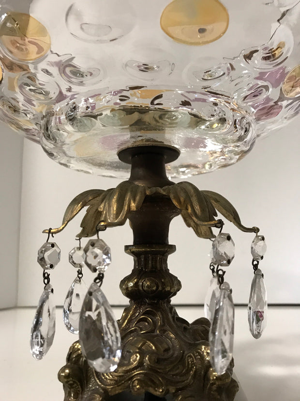 Vintage Glass Centerpiece Pedestal Bowl Large Polka Dot Thumbprint Design Italian Genuine Marble and Crystal Prisms