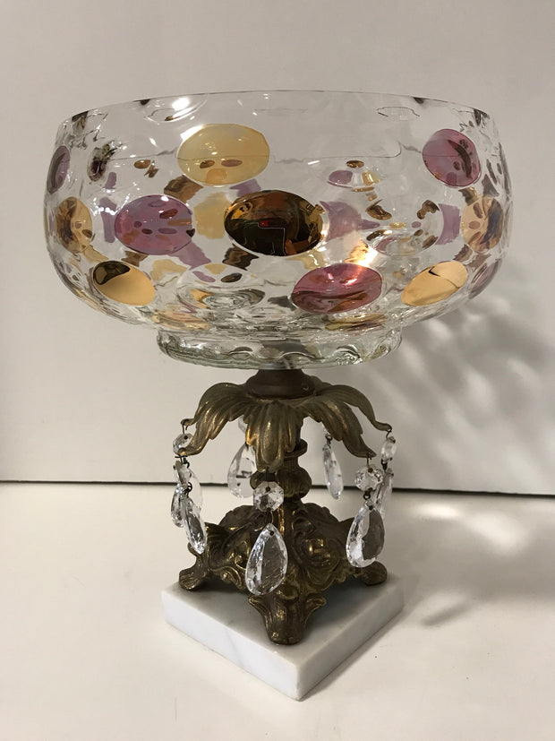 Vintage Glass Centerpiece Pedestal Bowl Large Polka Dot Thumbprint Design Italian Genuine Marble and Crystal Prisms