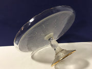 Vintage Jeanette Cake Stand Harp Pattern Gold Trim Scalloped Edges 1950s  Clear Textured Glass #9441